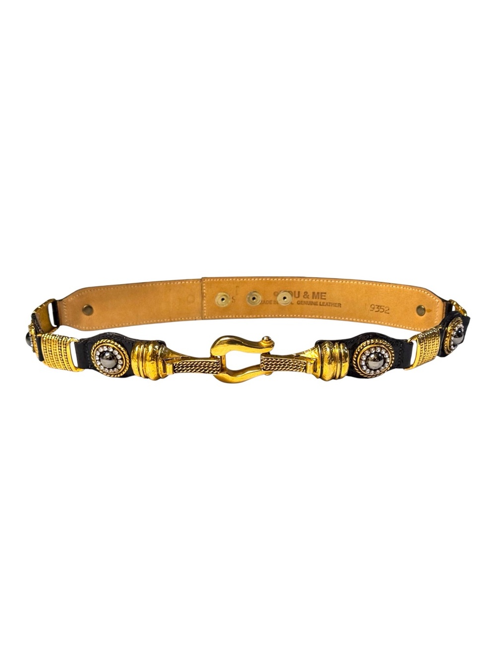 You & Me 80’s Black & Gold Horsebit Croc Leather Belt w/Jeweled Medallions 30-32